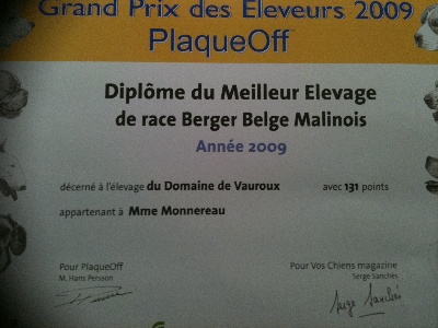 du Domaine de Vauroux - "Meilleur Elevage "de B.B Malinois 2009